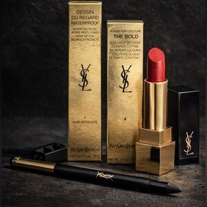 YSL Luxury Makeup Duo-Rouge Pur Couture The Bold #4+Waterproof Eye Pencil #1-NIB